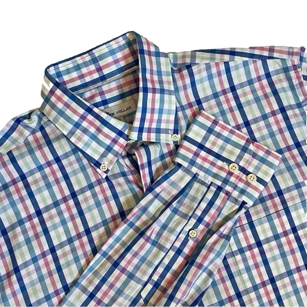 Peter Millar Silk Blend Plaid Button-Down Shirt — Blue, Pink, Green, White